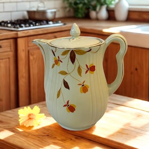 Vintage Hall China Jewel Tea Autumn Leaf Rayed Coffee Pot with Lid, Mid-Century 8-9 Cup Floral Coffee Server, Mary Dunbar Pattern
