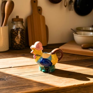 Peut inclure: Un pot à lait en céramique en forme de poule portant un chapeau rose. La poule est peinte en jaune, bleu et vert avec une anse marron. Le mot Miss. est imprimé en noir sur la zone jaune du cou de la verseuse en forme de poule.