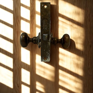 Könnte beinhalten: Nahaufnahme eines antiken Türgriffs und Schlosses aus Messing vor einer Holztür. Die Beschläge weisen Gebrauchsspuren auf. Sonnenlicht fällt über das Holz und erzeugt ein Muster aus Licht und Schatten.