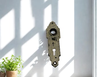 Antieke art-deco messing achterplaat deur • Geometrisch getrapt rozet • Skeletsleutel sleutelgathardware