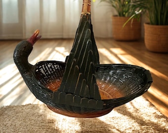 Vintage Zhejiang Handicrafts Duck Basket, Woven Bamboo Rattan Basket, Chinese Folk Art, Cottagecore Decor, 1970s
