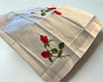 Mid‑Century Red Rose Embroidered Handkerchief | White Linen/Cotton with Hemstitch Detail