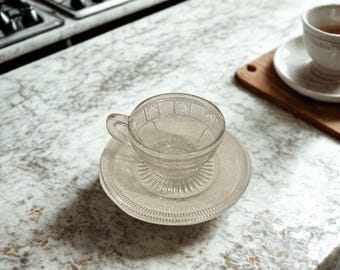 Vintage Indiana Glass “Sandwich” Cup & Saucer – Clear Pressed Glass, Depression‑Era Pattern