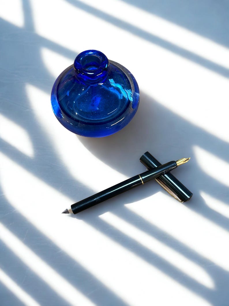 Vintage Black Lacquer Fountain Pen & Cobalt Blue Glass Inkwell – Gold Accents, 1970s–80s Style image 1