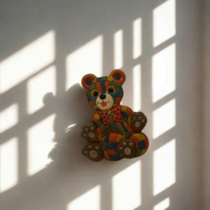 Vintage 1970s Patchwork Teddy Bear Wall Plaque • Foam Craft Resin • 12" Nursery Decor
