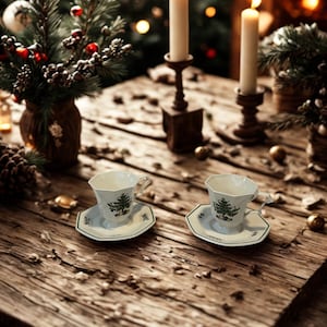Puede incluir: Dos tazas y platillos blancos con un diseño de árbol verde sobre una mesa de madera rústica, junto a velas encendidas y vegetación festiva. La escena evoca un ambiente festivo y acogedor.
