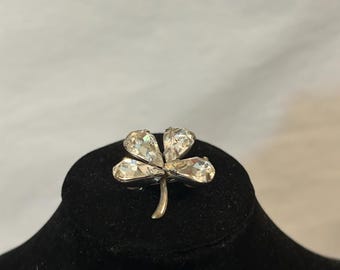 Vintage Four Leaf Clover Brooch | Clear Crystal Shamrock Pin, Mid Century Costume Jewelry