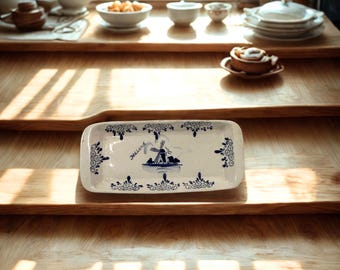 Vintage Delft Blue Windmill Tray – Dutch Ceramic Holland Dish, Rectangular Trinket or Serving Plate