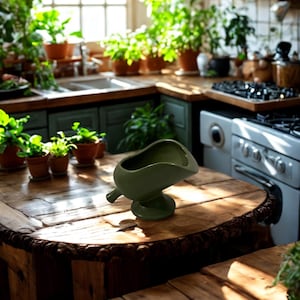 Puede incluir: Una salsera de cerámica verde con pico y base de pedestal sobre una mesa de madera rústica. El entorno de la cocina presenta plantas en macetas, una estufa y una ventana, creando un ambiente cálido y acogedor.