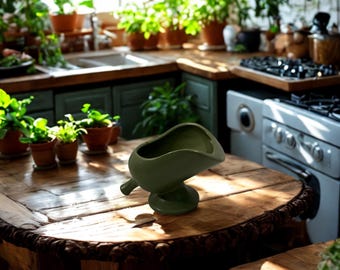 Vintage aardewerk met romp F476 plantenbak • Matgroene vaas op voetstuk • VS aardewerk