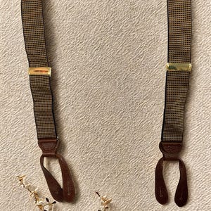 Trafalgar Suspenders • Vintage Button‑On Braces • Brown Geometric Pattern • Leather Ends • Brass Hardware