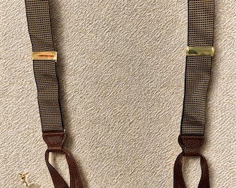 Trafalgar Suspenders • Vintage Button‑On Braces • Brown Geometric Pattern • Leather Ends • Brass Hardware