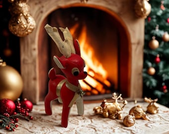 Reno rojo japonés vintage • Estilo Dream Pet de los años 50-60 • Piel sintética • Decoración navideña de mediados de siglo