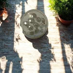 May include: A clear glass flower frog with multiple holes, resting on a light-colored wooden surface. Two potted green plants flank the frog, with sunlight casting shadows across the scene. The frog is designed to hold flower stems.