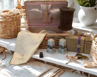 Mom’s Vintage Sewing Basket Set – Wicker Basket, Notions, Shakers & Craft Treasures