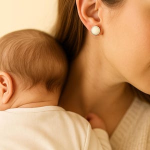 May include: A close-up of a woman's ear with a white, round stud earring. A baby is resting on the woman's shoulder. The baby is wearing a white onesie. The background is a soft, warm color.