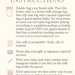 May include: Text on a cream-colored background reads "SHIPPING INSTRUCTIONS." Instructions include double-bagging breast milk, using a padded envelope, and writing your name on the milk bag. The text also mentions skipping overnight services.