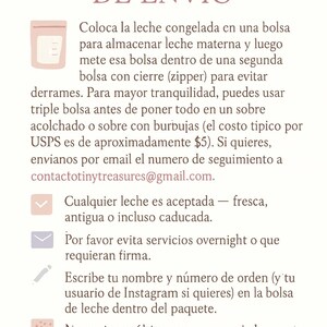 May include: A cream-colored informational sheet with the title "INSTRUCCIONES DE ENV&Iacute;O" in a serif font. The text provides instructions for shipping breast milk, including using a double bag and bubble wrap.