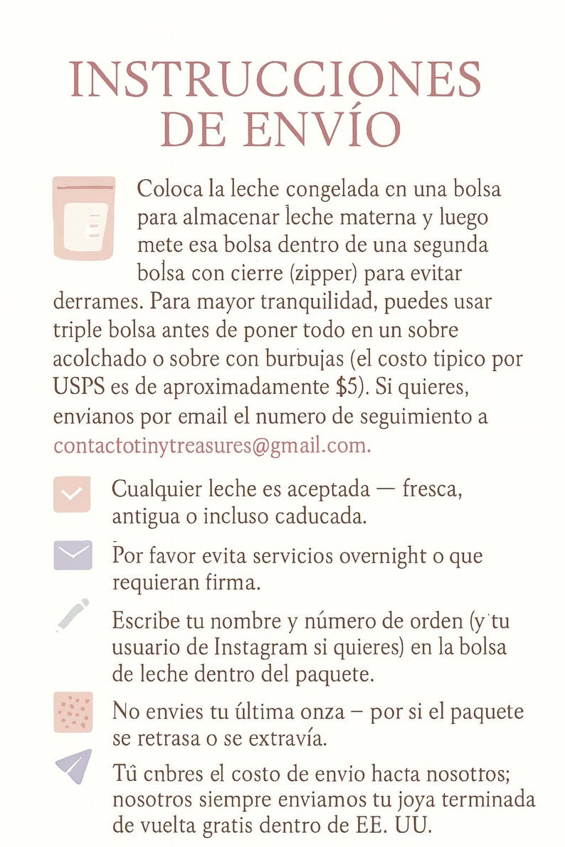 May include: A cream-colored informational sheet with the title "INSTRUCCIONES DE ENV&Iacute;O" in a serif font. The text provides instructions for shipping breast milk, including using a double bag and bubble wrap.