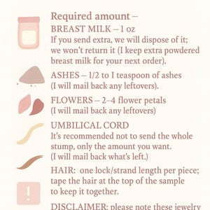 May include: A cream-colored informational graphic with text detailing requirements for breast milk, ashes, flowers, umbilical cord, and hair for jewelry. The text includes measurements in ounces and teaspoons.