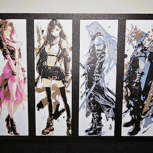 May include: A framed art print featuring four vertical panels with anime-style illustrations. The characters are depicted in various poses, with a color palette of pink, black, and blue. The artwork is set against a white background, framed in black.