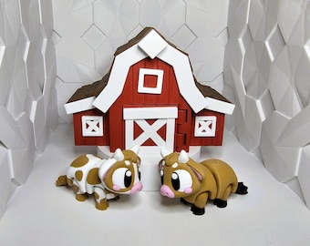 Articulated Cow Figurine and Barn Playset – 3D Printed PLA Toy, Keychain Option