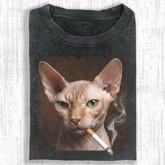 Funny Sphynx Cat Smoking Wash Shirt, Vintage Grunge Meme Graphic Tee, Soft Cotton Unisex Streetwear Aesthetic