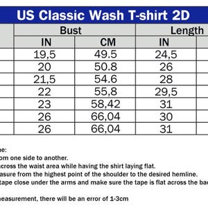 May include: A size chart for a US Classic Wash T-shirt 2D, with bust and length measurements in inches and centimeters. Sizes range from S to 4XL. The chart includes measurement guidelines for hem, waist, front length, and chest.