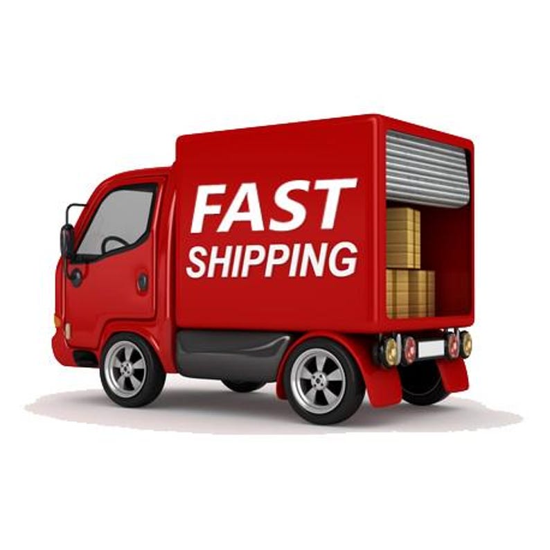 May include: A red delivery truck with the words "FAST SHIPPING" in white. The truck has black tires and a silver roll-up door. Several packages are visible inside the truck.