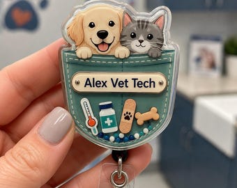 Personalized Vet Tech Shaker Badge Reel, Custom Dog and Cat Veterinary ID Holder, Animal Hospital Gift, Back to School