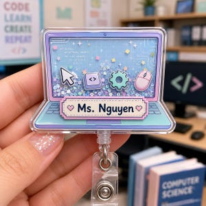 Gepersonaliseerde badgehouder - Cadeau voor informaticadocent, gepersonaliseerde ID-houder voor de start van het schooljaar, schattige vorm voor tech-docent