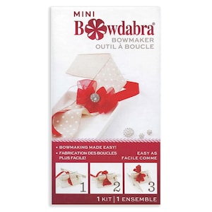 May include: A Mini Bowdabra bowmaker kit in a white and red box. The packaging features the text Mini Bowdabra, Bowmaker, Outil à Boucle, Bowmaking Made Easy, Fabrication des boucles plus facile, Easy as, Facile comme, 1 Kit, 1 Ensemble, and three steps.