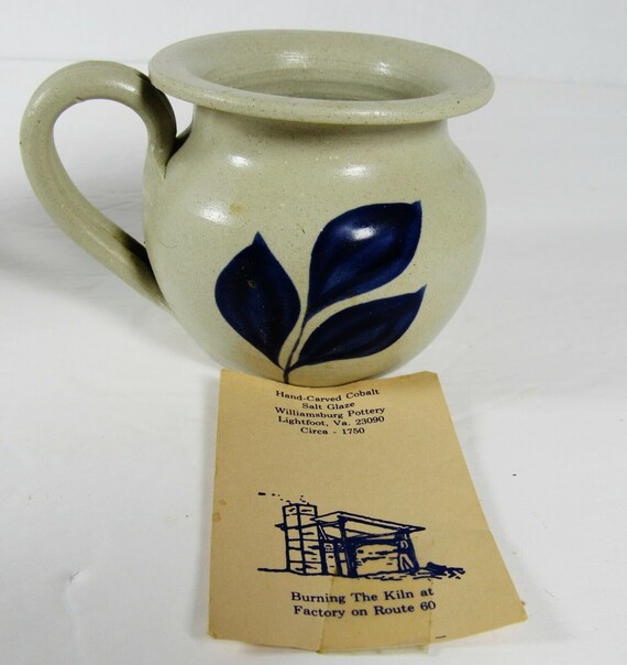 Williamsburg Pottery Stoneware Salt Glaze Mug 3 1/2” Blue Leaves Williamsburg Pottery Stoneware Salt Glaze Mug 3 1/2” Blue Leaves