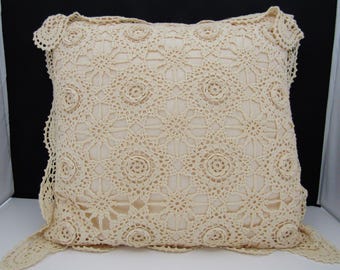 Pillow Crochet Lace and Rosette Overlay Cotton Ivory Cream Cottage Style