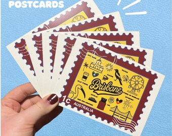 SET OF 5 Brisbane, Queensland Icons and Landmarks Stamp Postcard for Postcrossing, Penpal, Travel, Tourism