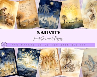 Puede incluir: Un conjunto de 23 papeles PNG para junk journals, con ilustraciones en acuarela de escenas de la Natividad. Las imágenes incluyen a María y José, ángeles y la estrella de Belén. Tamaño de papel 21,6 x 27,9 cm.