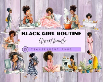 Black Girl Self-Care Clipart: PNG Stickers & Illustrations (Digital Download)