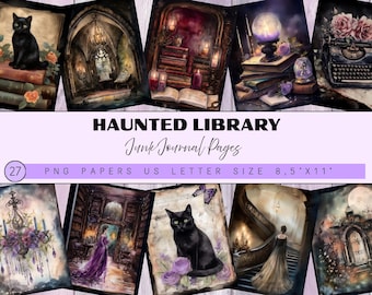 Haunted Library-skräpjournalkit – Utskrivbar Halloween-ephemera, kusliga digitala pysselmaterial