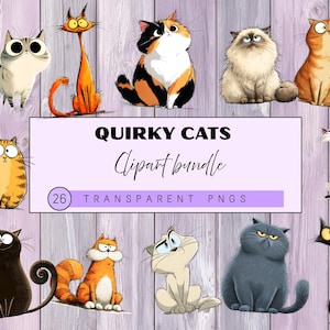 Funny Cartoon Cats Clipart – Quirky Watercolor Cat Illustrations