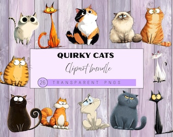 Funny Cartoon Cats Clipart – Quirky Watercolor Cat Illustrations