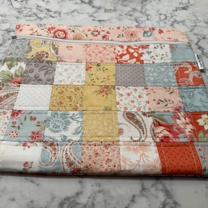Quilted Patchwork Cross Stitch Project Bag: Spring Floral fabric. Handmade Zipper Pouch Stitching, Sewing, Embroidery, Needlework Storage