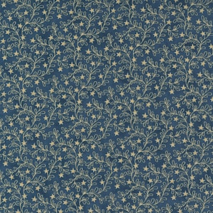 May include: A seamless fabric pattern featuring a navy blue background with a repeating design of tan-colored stars and vines. The vines have small leaves and the stars are evenly spaced throughout the design.