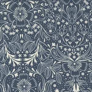 May include: A close-up of a fabric with a repeating floral pattern. The design features white, stylized flowers, leaves, and vines against a dark blue background. The pattern is detailed and intricate, with a vintage or botanical aesthetic.