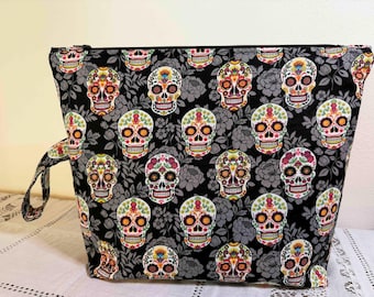 Halloween Sugar Skulls Knitting Project Bag - Large Cotton Zip Top