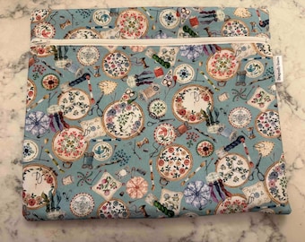 Cross Stitch Project Bag, Embroidery themed fabric.  Use for Sewing, Needlework, Embroidery, Travel Organizer