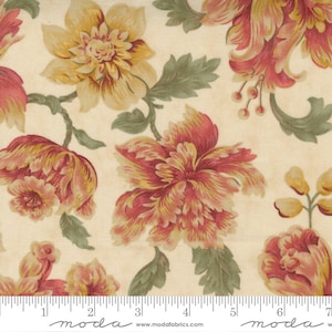 May include: Cream-colored fabric with a repeating floral pattern. Large flowers in shades of red, yellow, and peach are interspersed with green leaves and stems. The fabric has a vintage, botanical aesthetic, suitable for quilting or home decor projects.