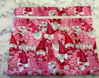 Gnome Valentine Cross Stitch Project Bag Pink Progress Bag Needlework, Embroidery Craft Pouch