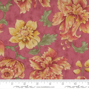 May include: Fabric with a repeating floral pattern. Large flowers in shades of yellow, orange, and red are set against a deep rose background. Green leaves and stems intertwine with the blooms. The fabric has a textured appearance.