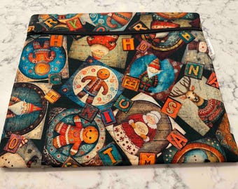 Cross Stitch Project Bag Christmas Fabric with "Nice " written on front:  Progress Bag