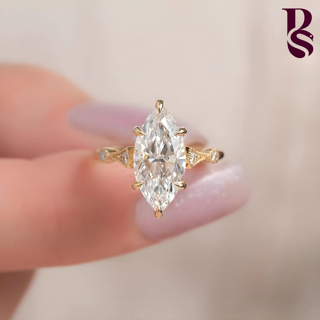 Marquise Cut Lab Grown Diamond Engagement Ring: 14K Yellow Gold ...